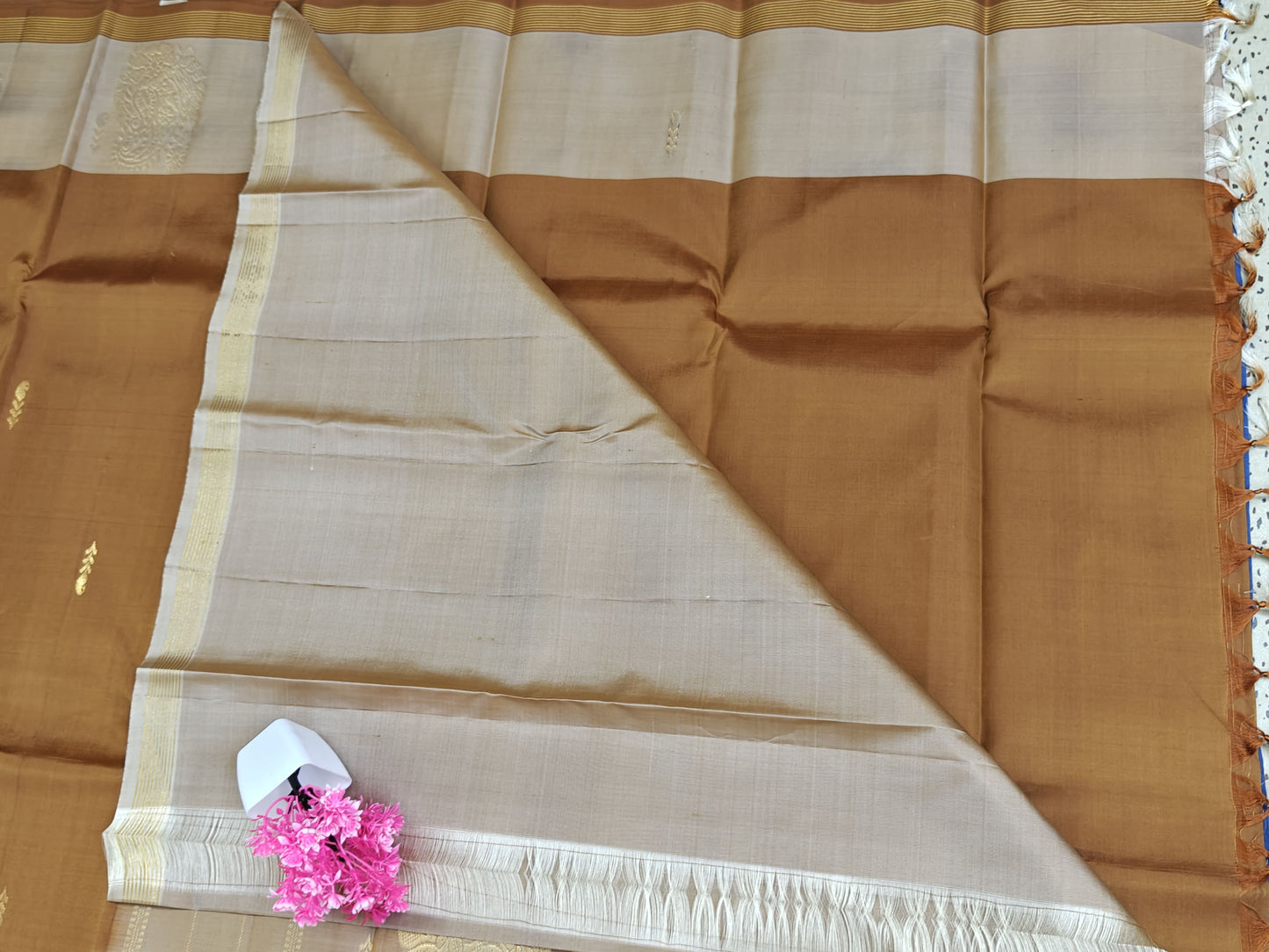 Rust Brown & Off White Border Pure Silk Saree