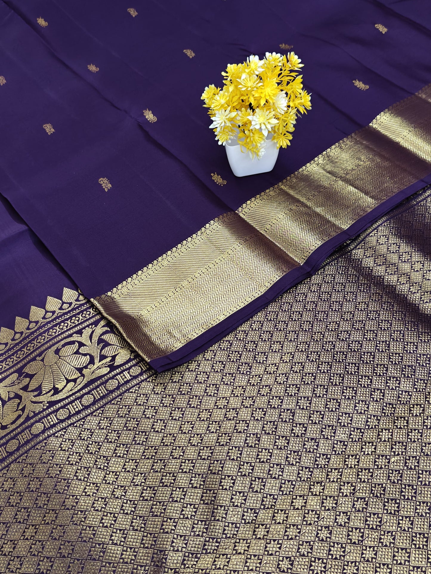 Violet Self Pure Silk Saree with Gold Border