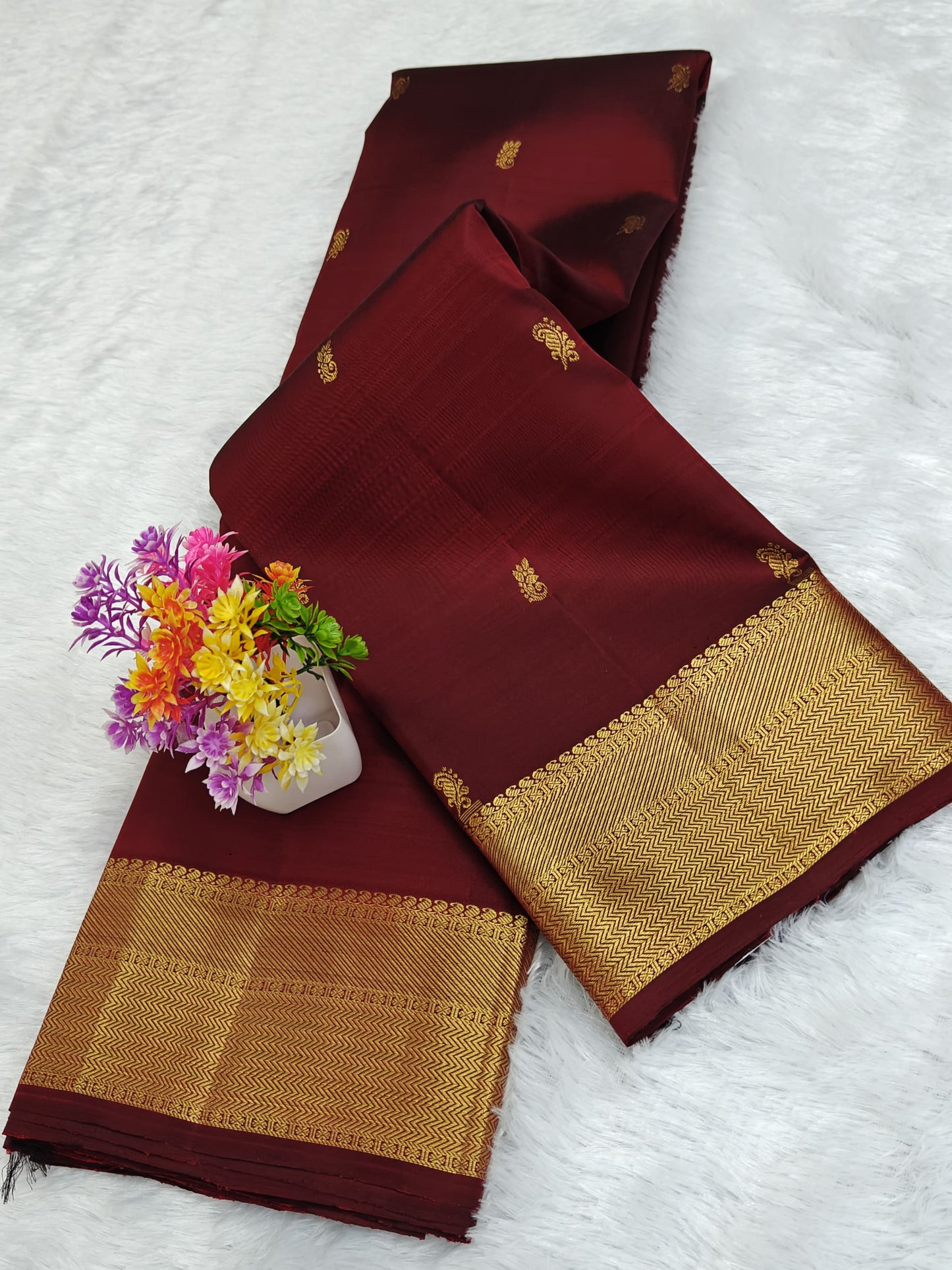 Maroon Self Pure Silk Saree with Gold Border