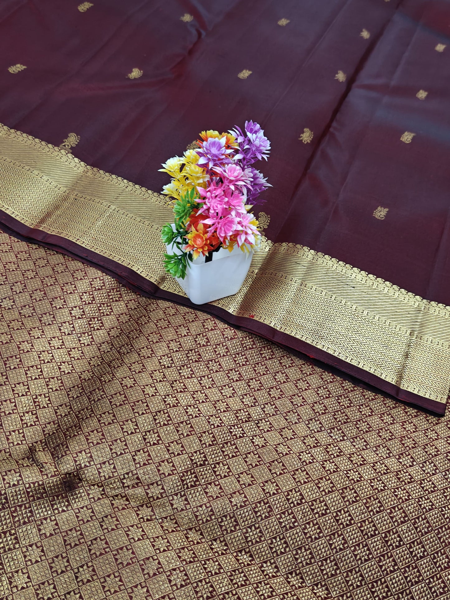 Maroon Self Pure Silk Saree with Gold Border