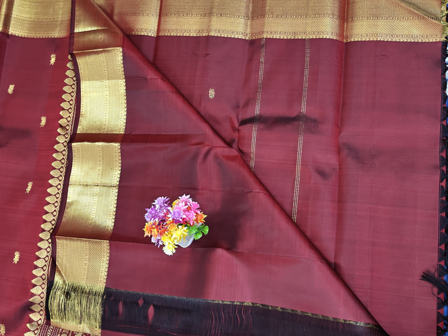 Maroon Self Pure Silk Saree with Gold Border