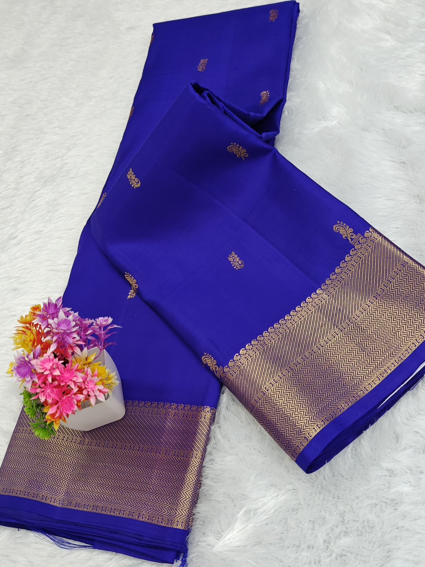 Royal Blue Self Pure Silk Saree with Gold Border