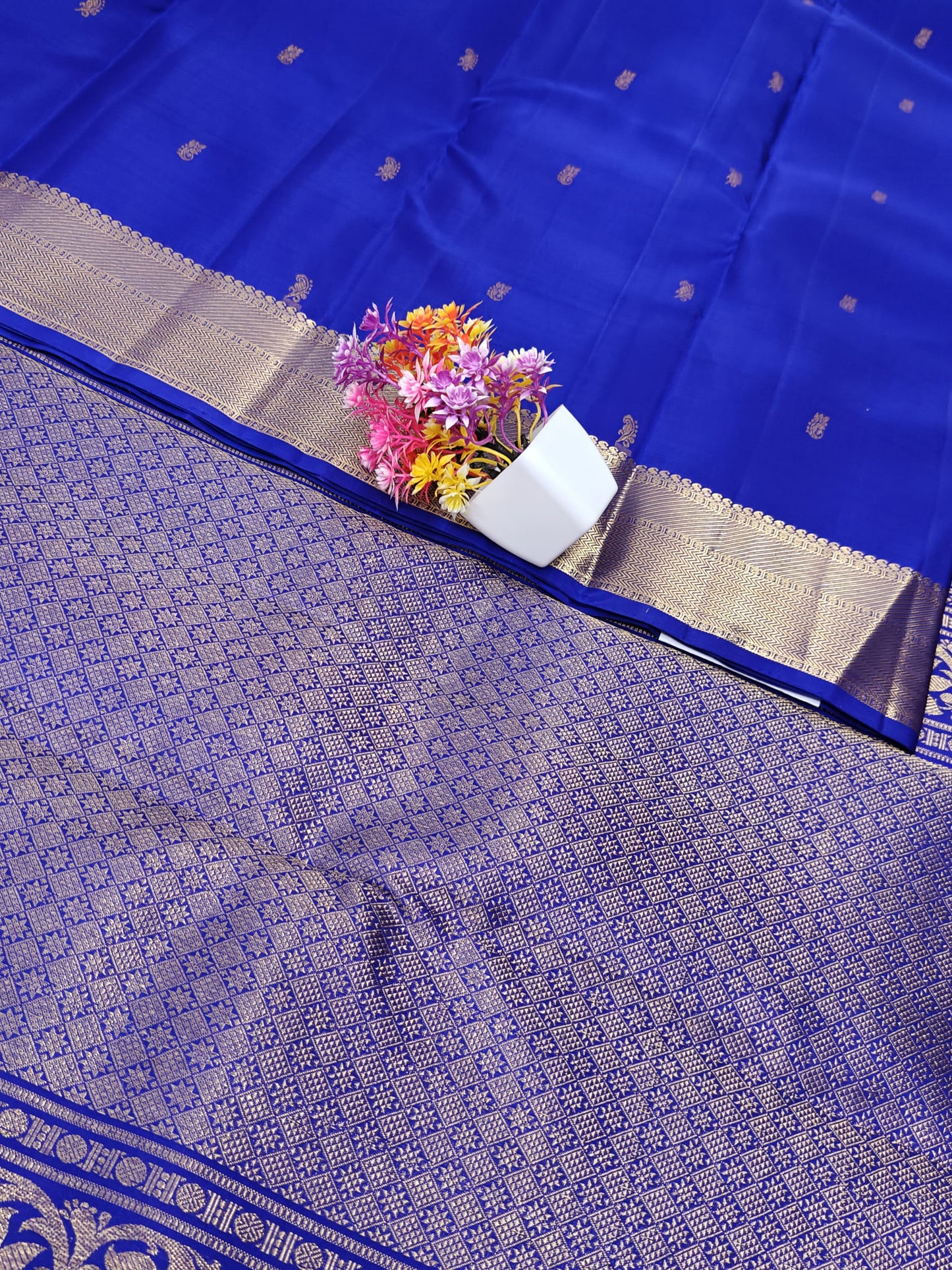 Royal Blue Self Pure Silk Saree with Gold Border