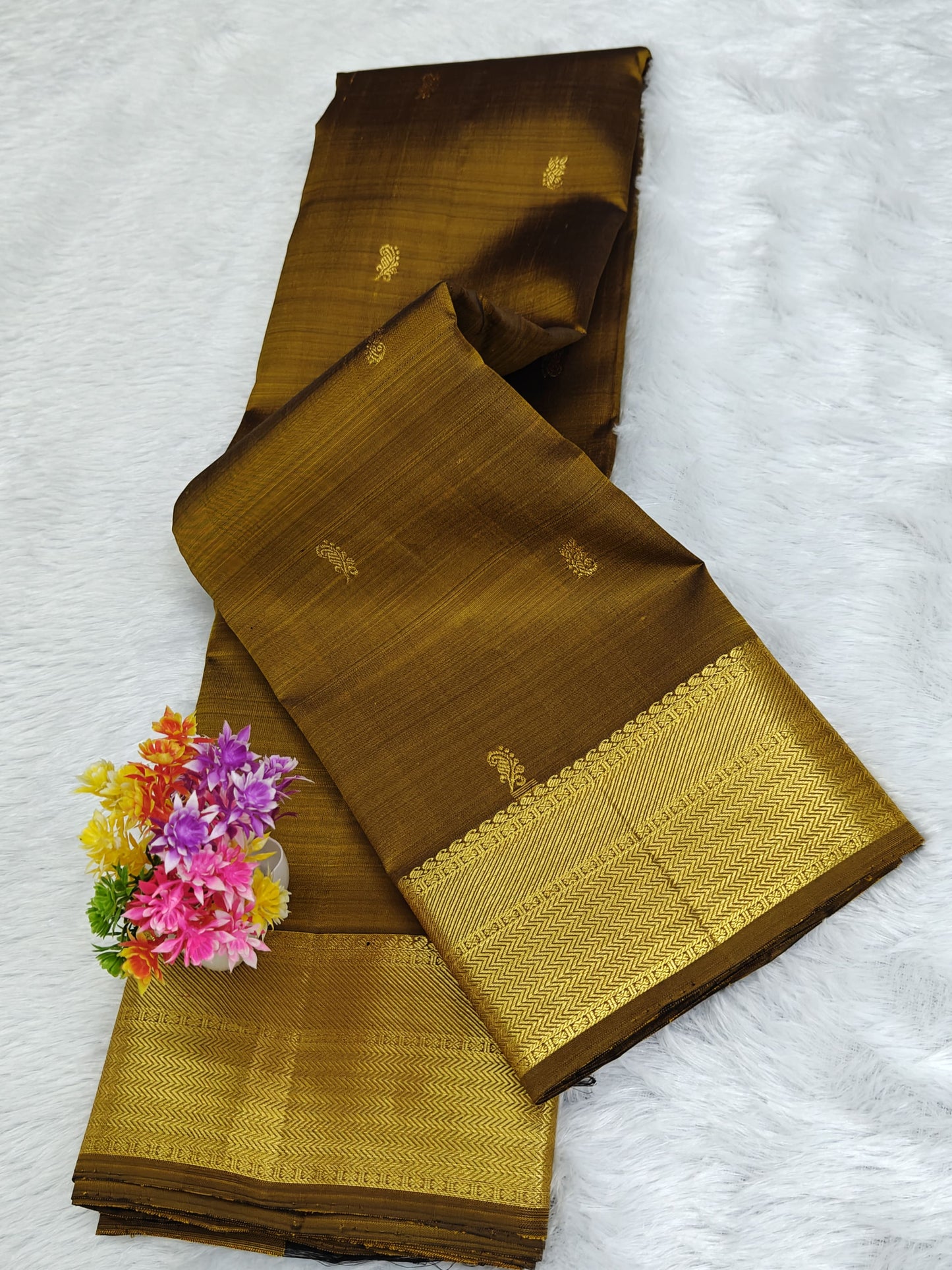 Mustard Brown Self Pure Silk Saree with Gold Border