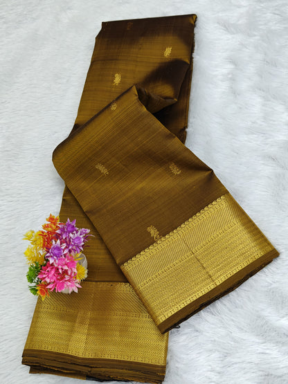 Mustard Brown Self Pure Silk Saree with Gold Border