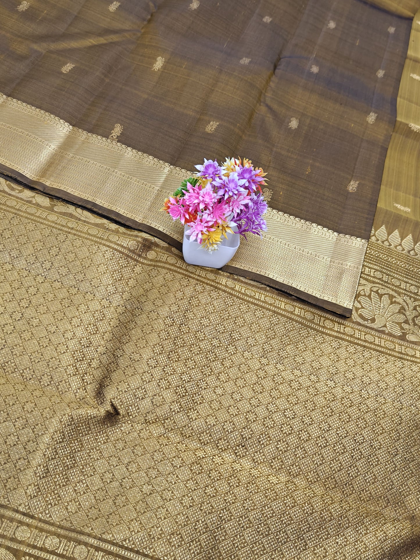 Mustard Brown Self Pure Silk Saree with Gold Border