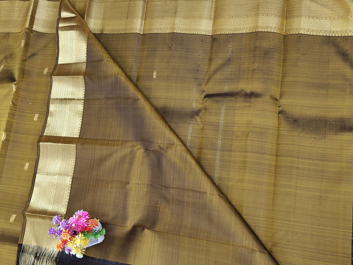 Mustard Brown Self Pure Silk Saree with Gold Border