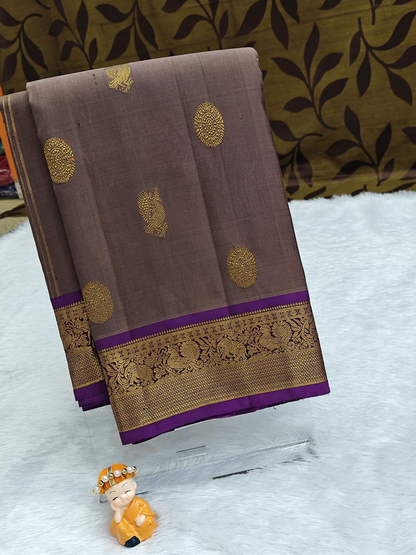 Dark Grey Pure Silk Saree with Purple Border