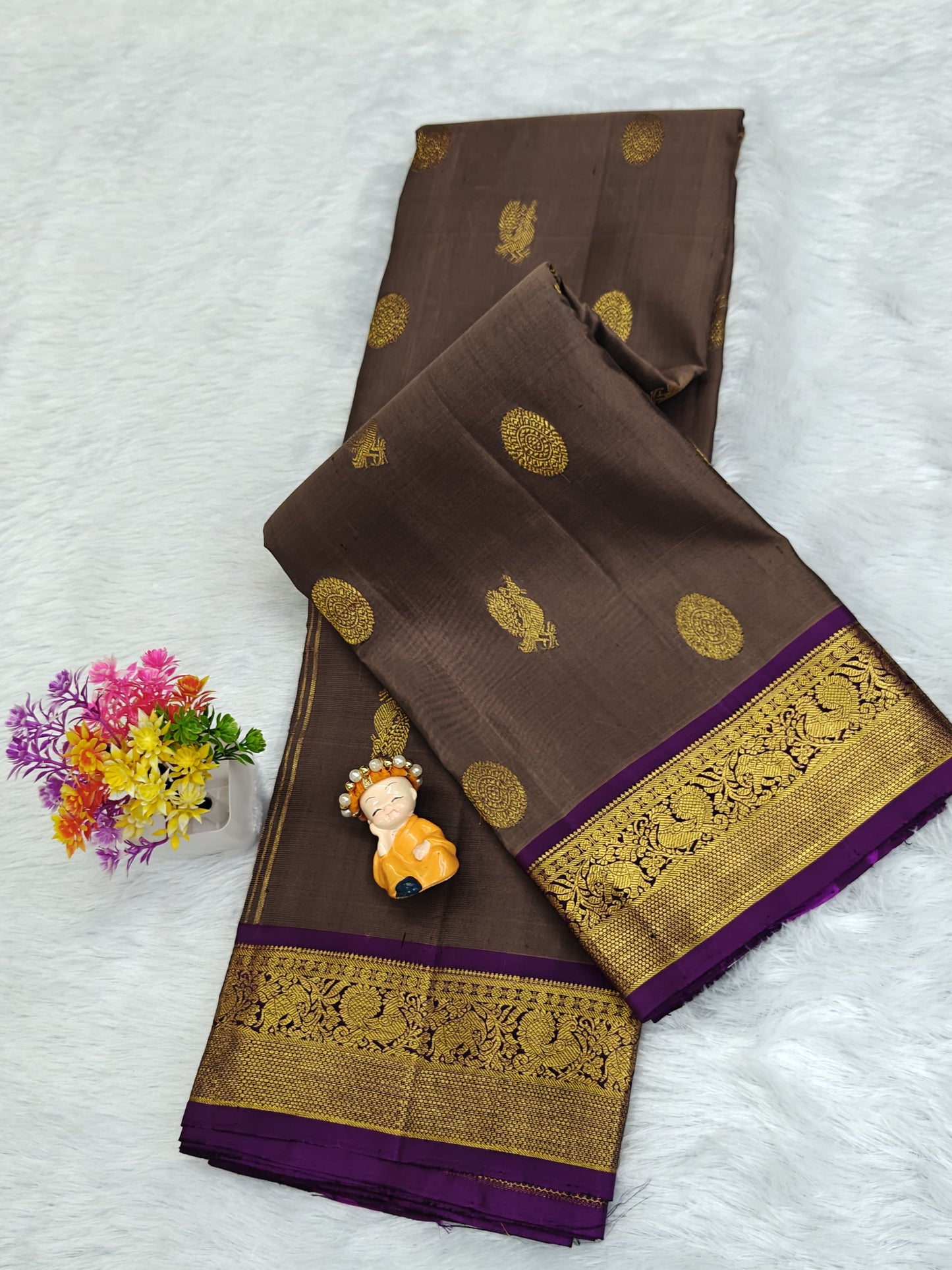 Dark Grey Pure Silk Saree with Purple Border