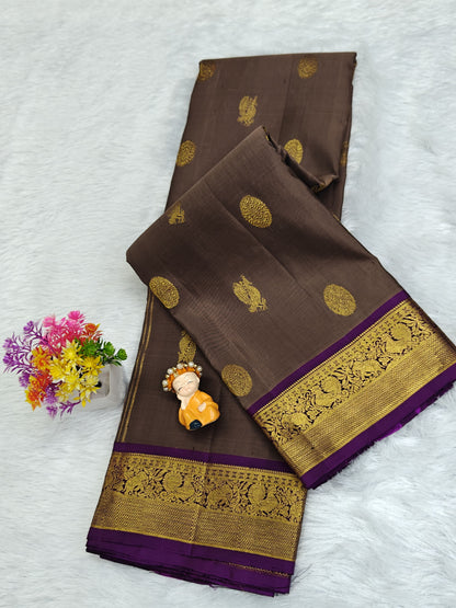 Dark Grey Pure Silk Saree with Purple Border