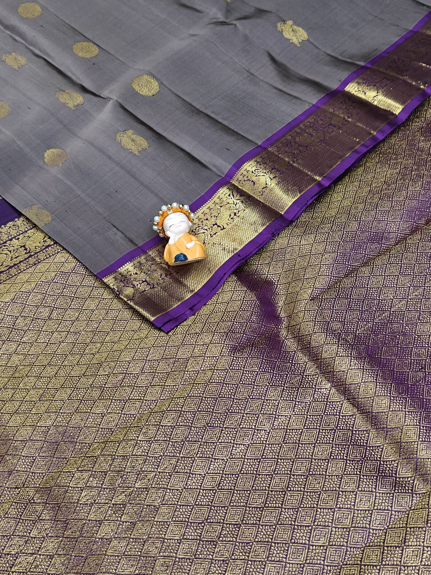Dark Grey Pure Silk Saree with Purple Border