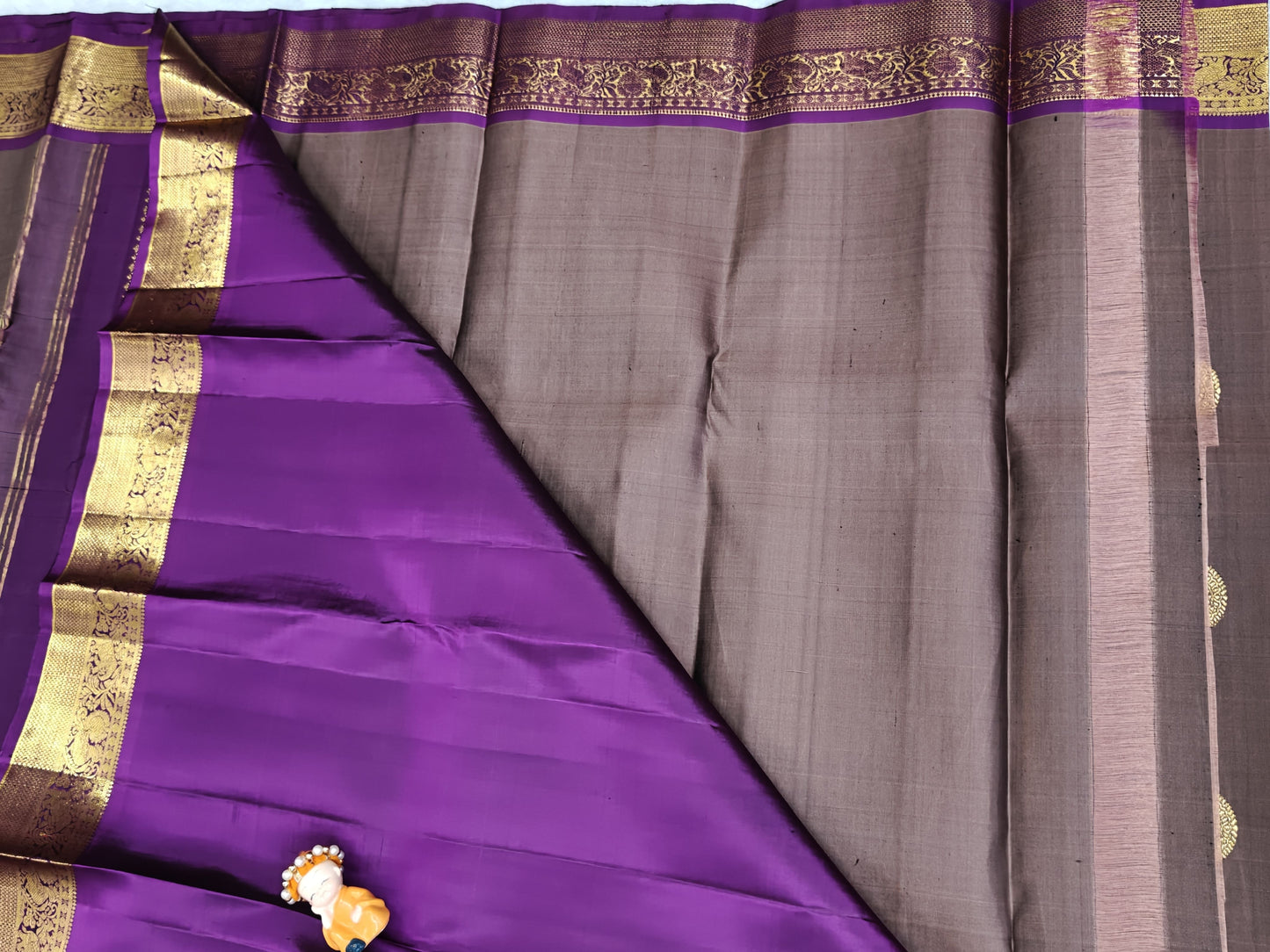 Dark Grey Pure Silk Saree with Purple Border
