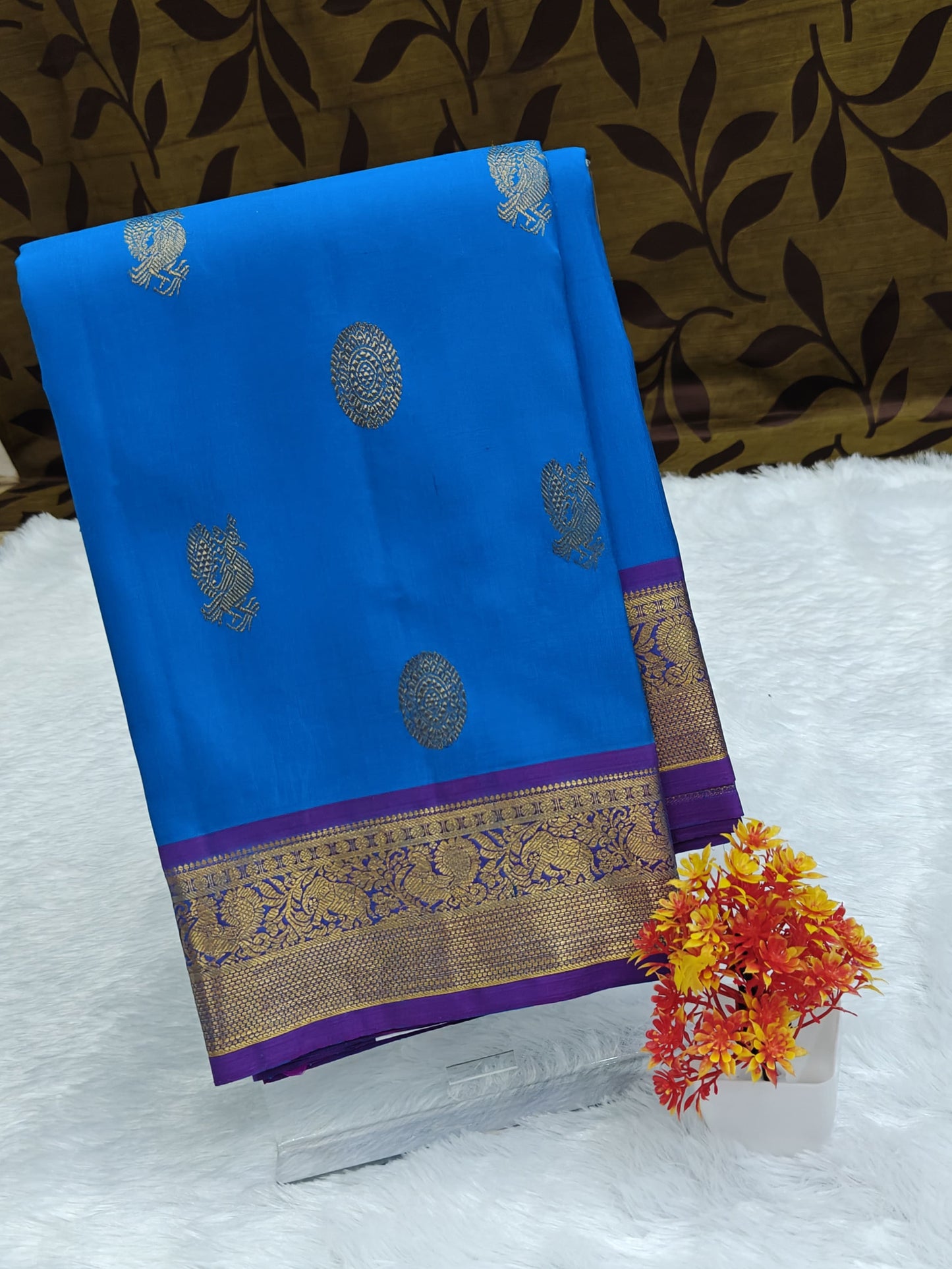 Royal Blue Pure Silk Saree with Purple Border