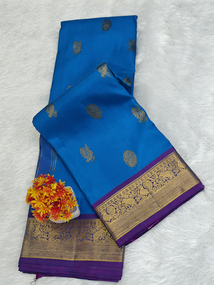 Royal Blue Pure Silk Saree with Purple Border
