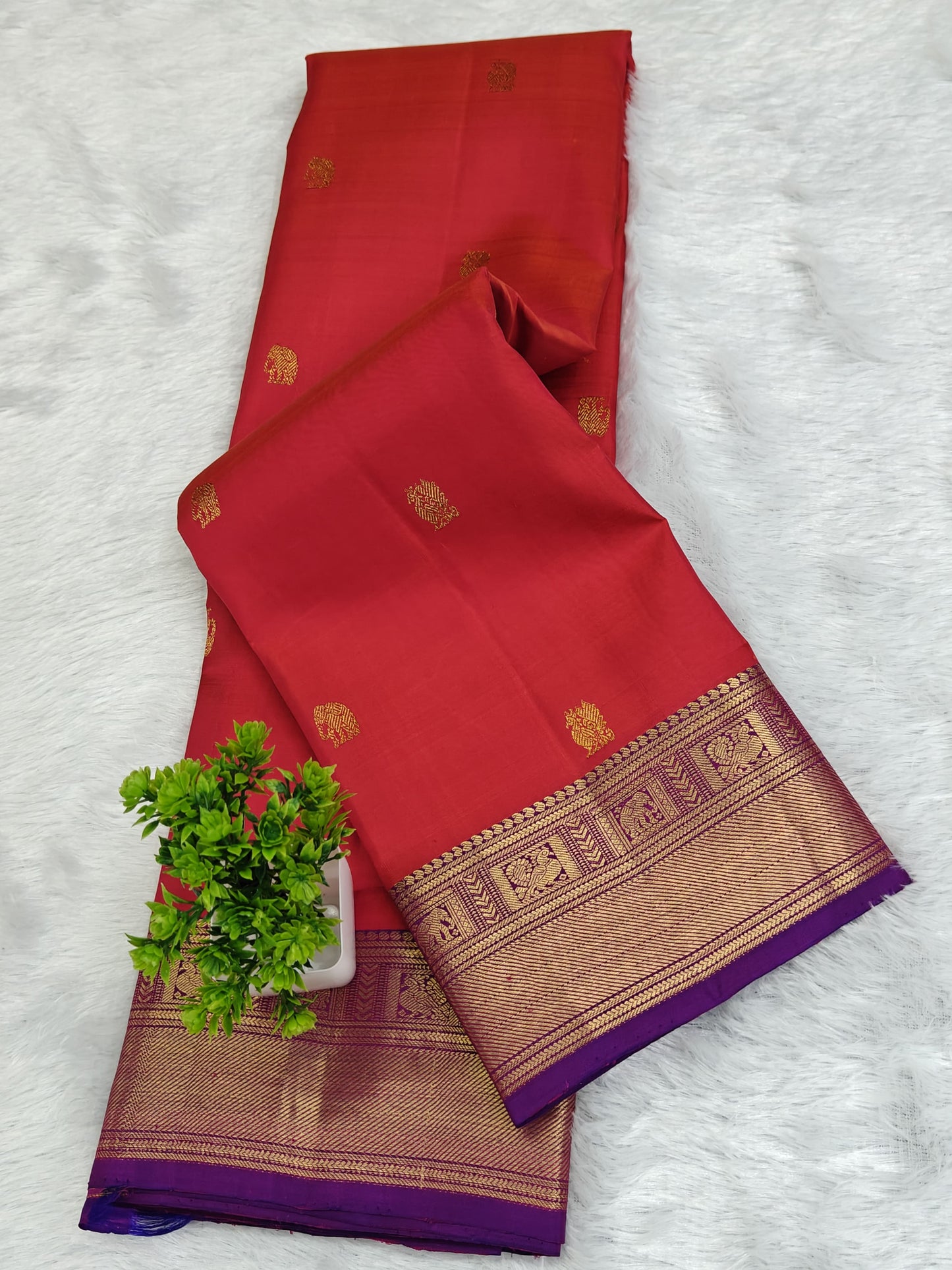 Elegant Red Pure Silk Saree with Purple Border