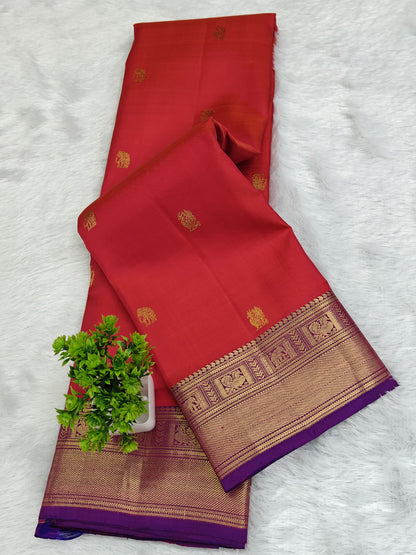 Elegant Red Pure Silk Saree with Purple Border