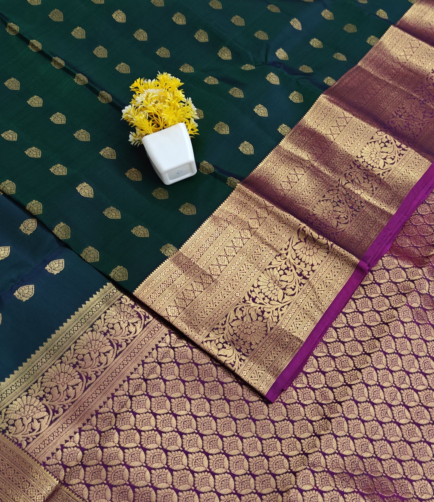 Peacock Green Pure Silk Saree with Purple Border