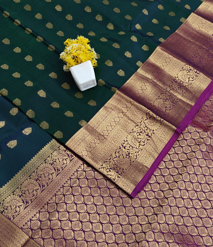 Peacock Green Pure Silk Saree with Purple Border