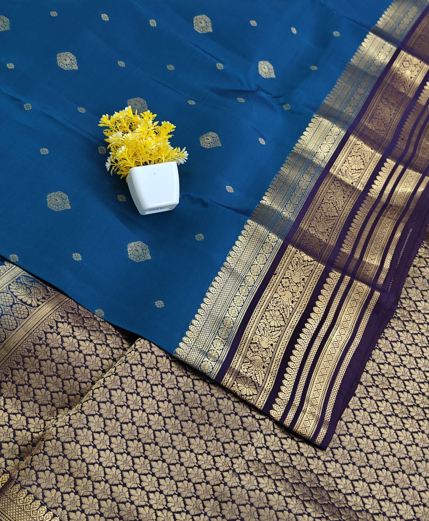 Peacock Blue Pure Silk Saree with Purple Border