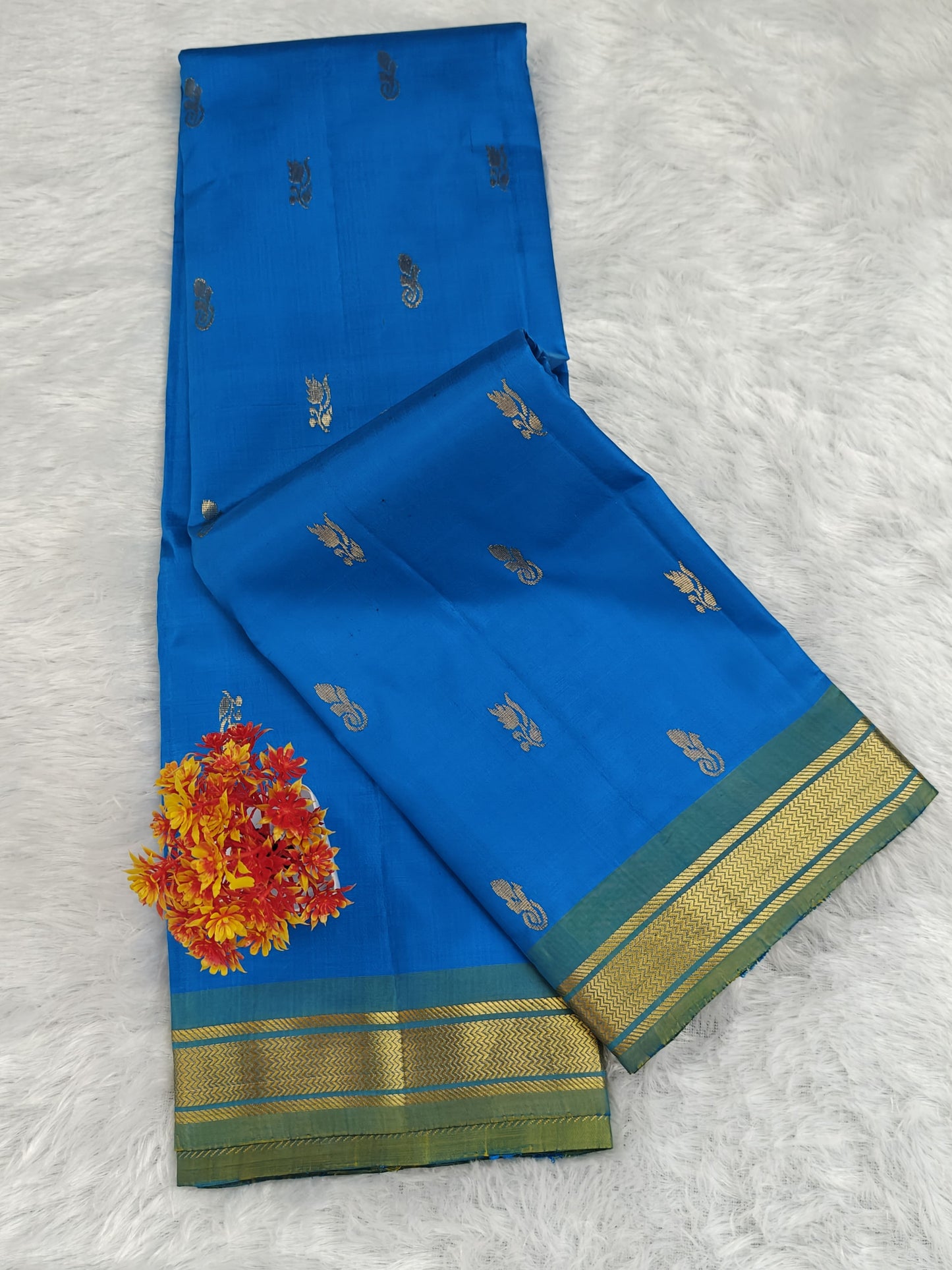 Royal Blue Pure Silk Saree with Green Border