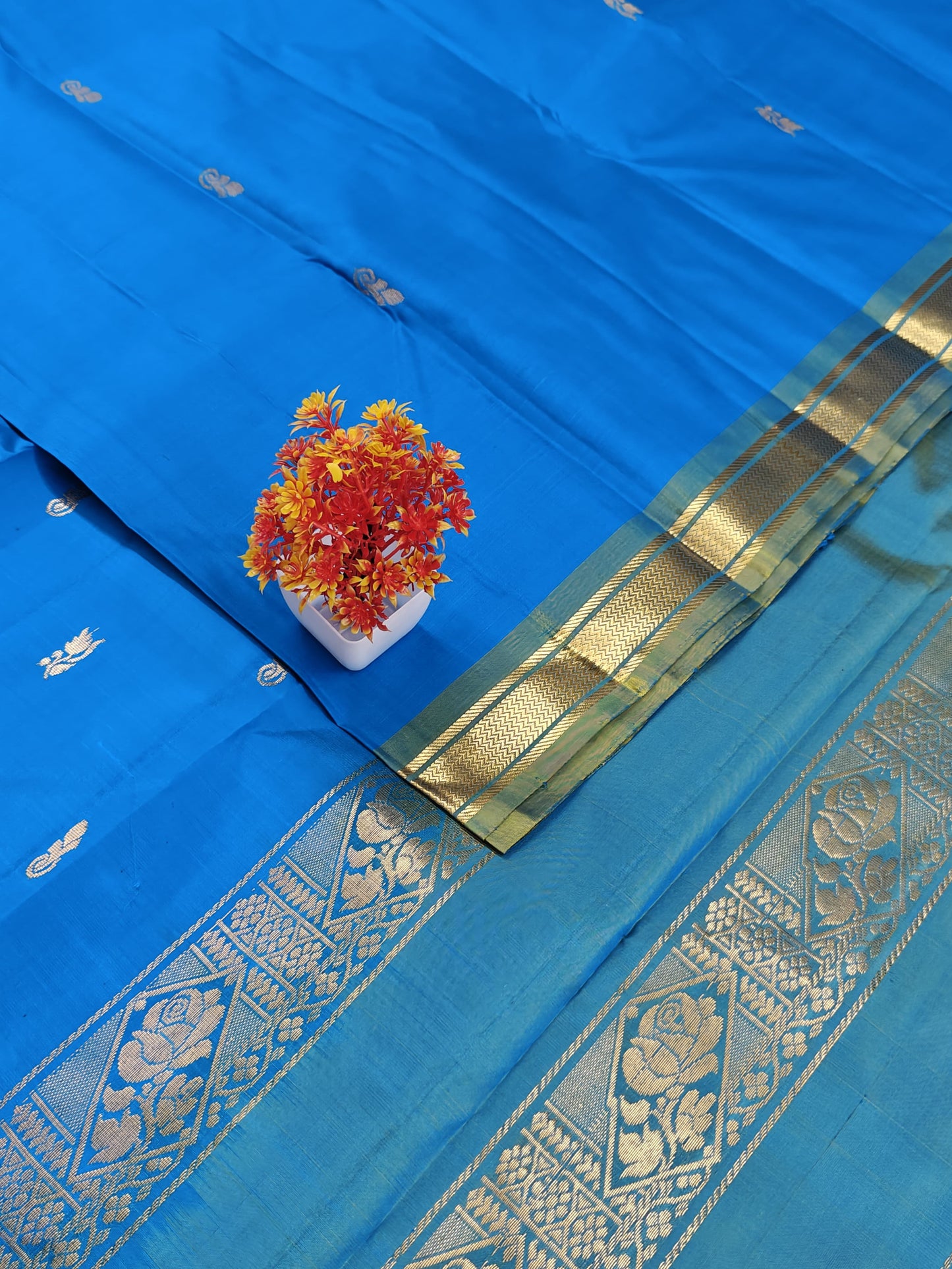 Royal Blue Pure Silk Saree with Green Border
