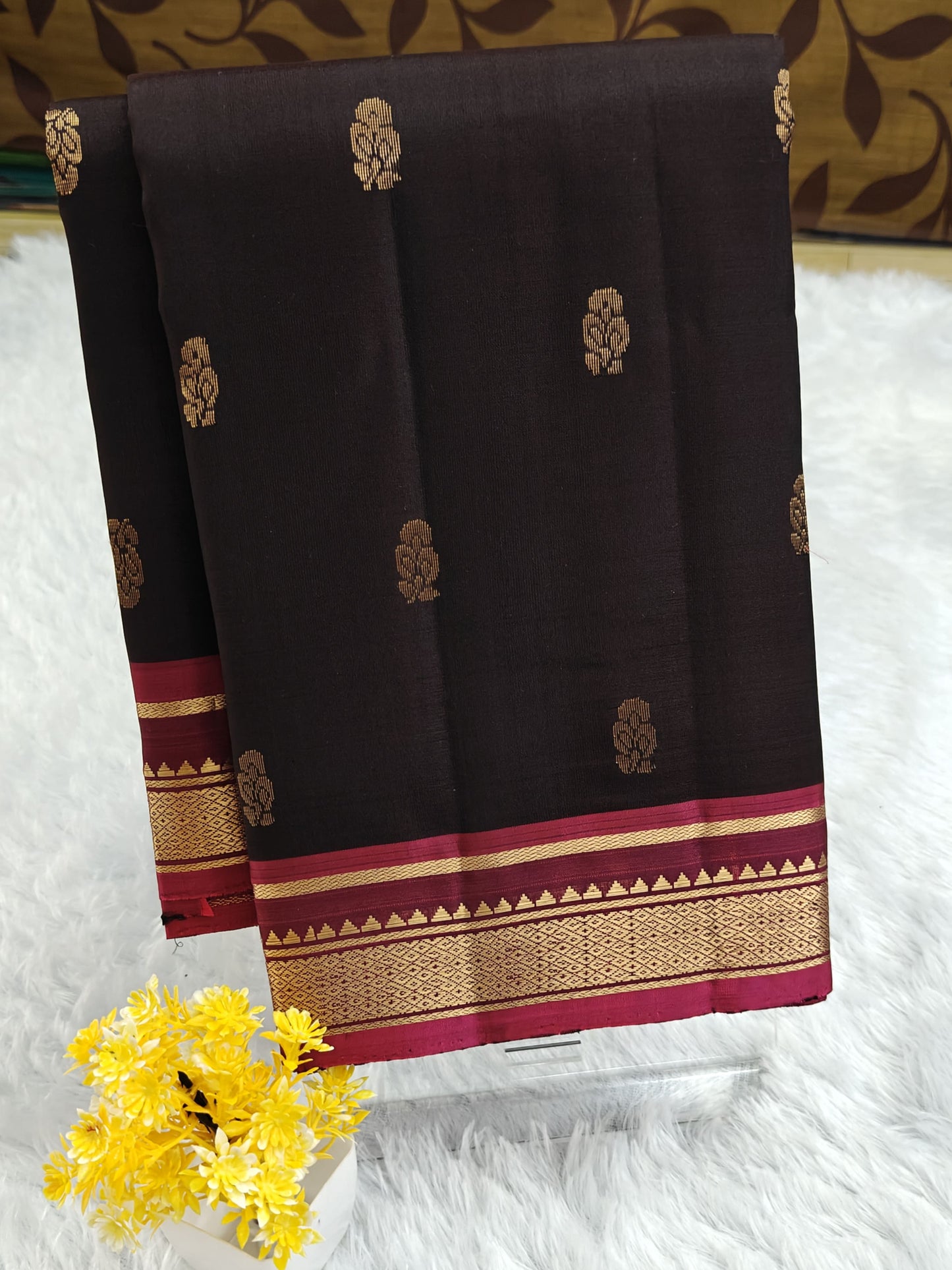 Black Pure Silk Saree with Wine Pink Border