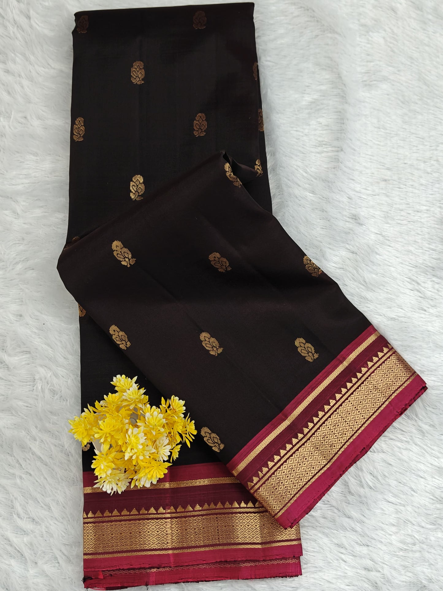 Black Pure Silk Saree with Wine Pink Border