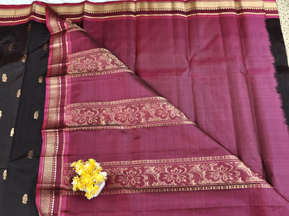 Black Pure Silk Saree with Wine Pink Border