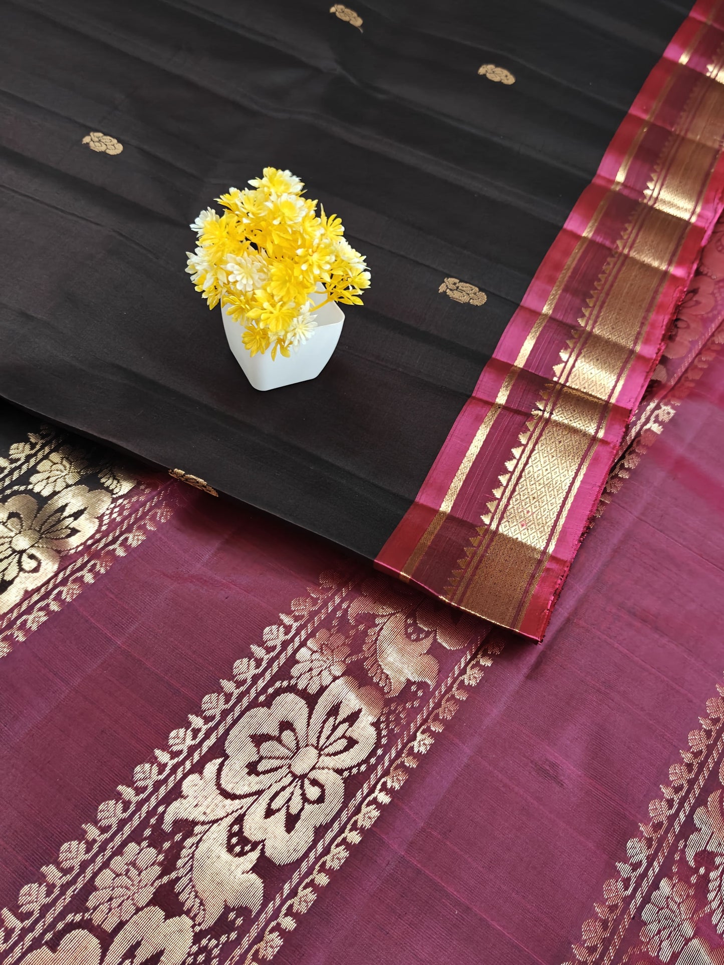 Black Pure Silk Saree with Wine Pink Border