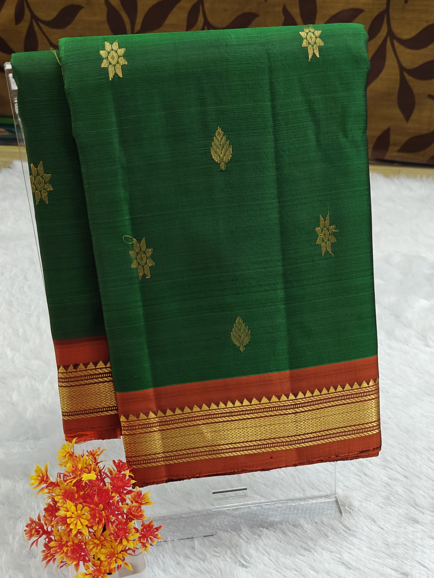 Dark Green Pure Silk Saree with Brown Border