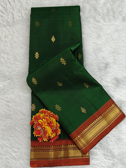 Dark Green Pure Silk Saree with Brown Border