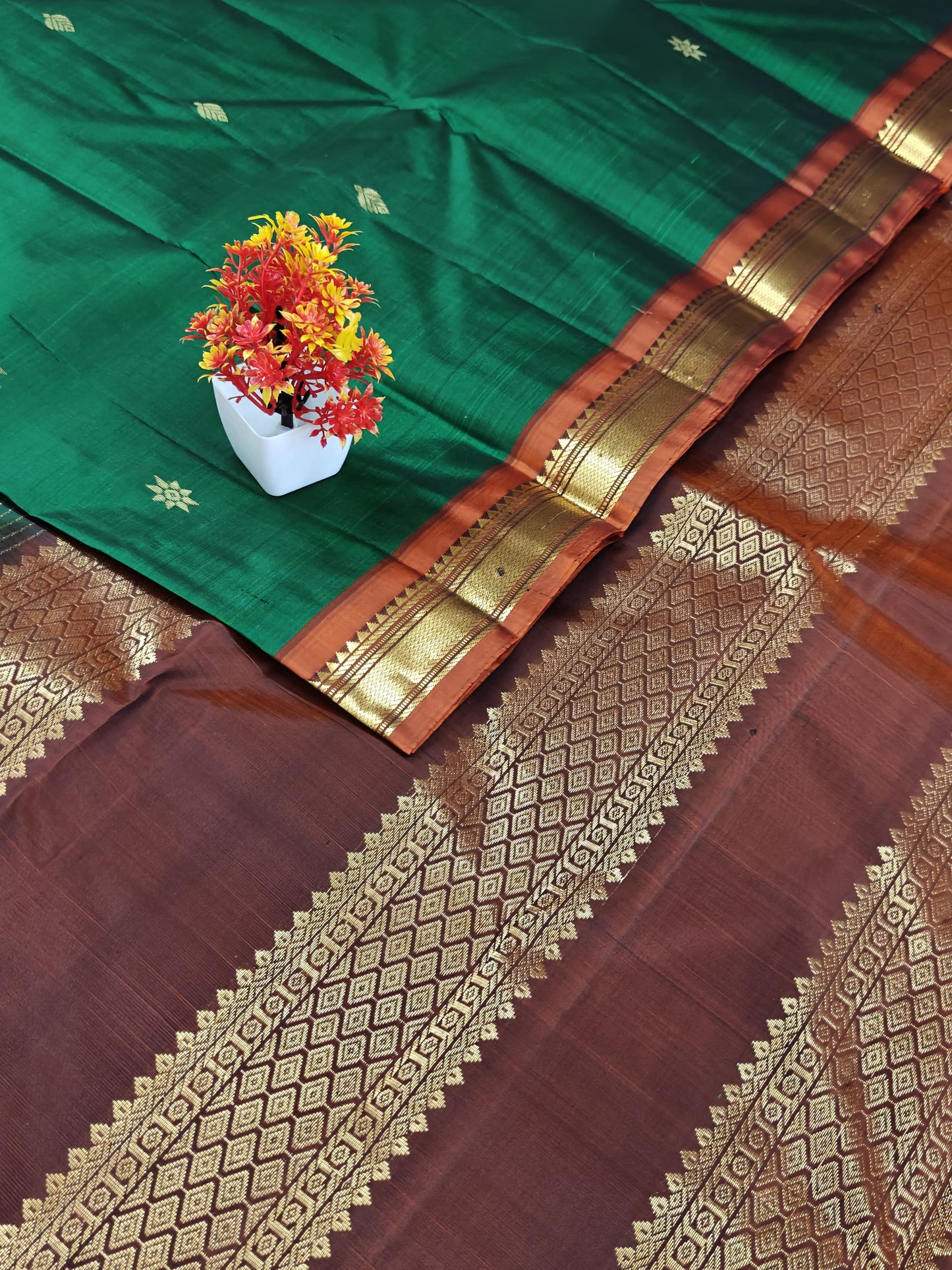 Dark Green Pure Silk Saree with Brown Border