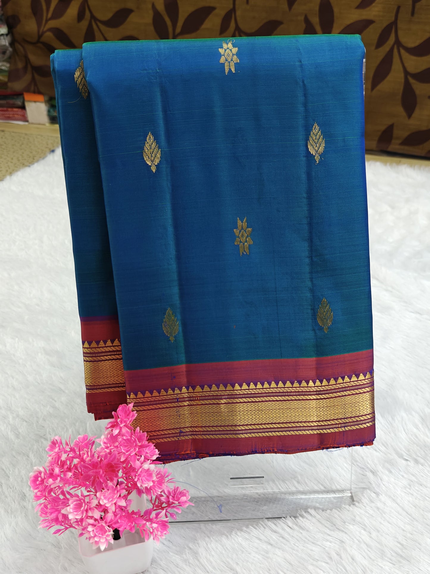 Peacock Blue Pure Silk Saree with Maroon Border