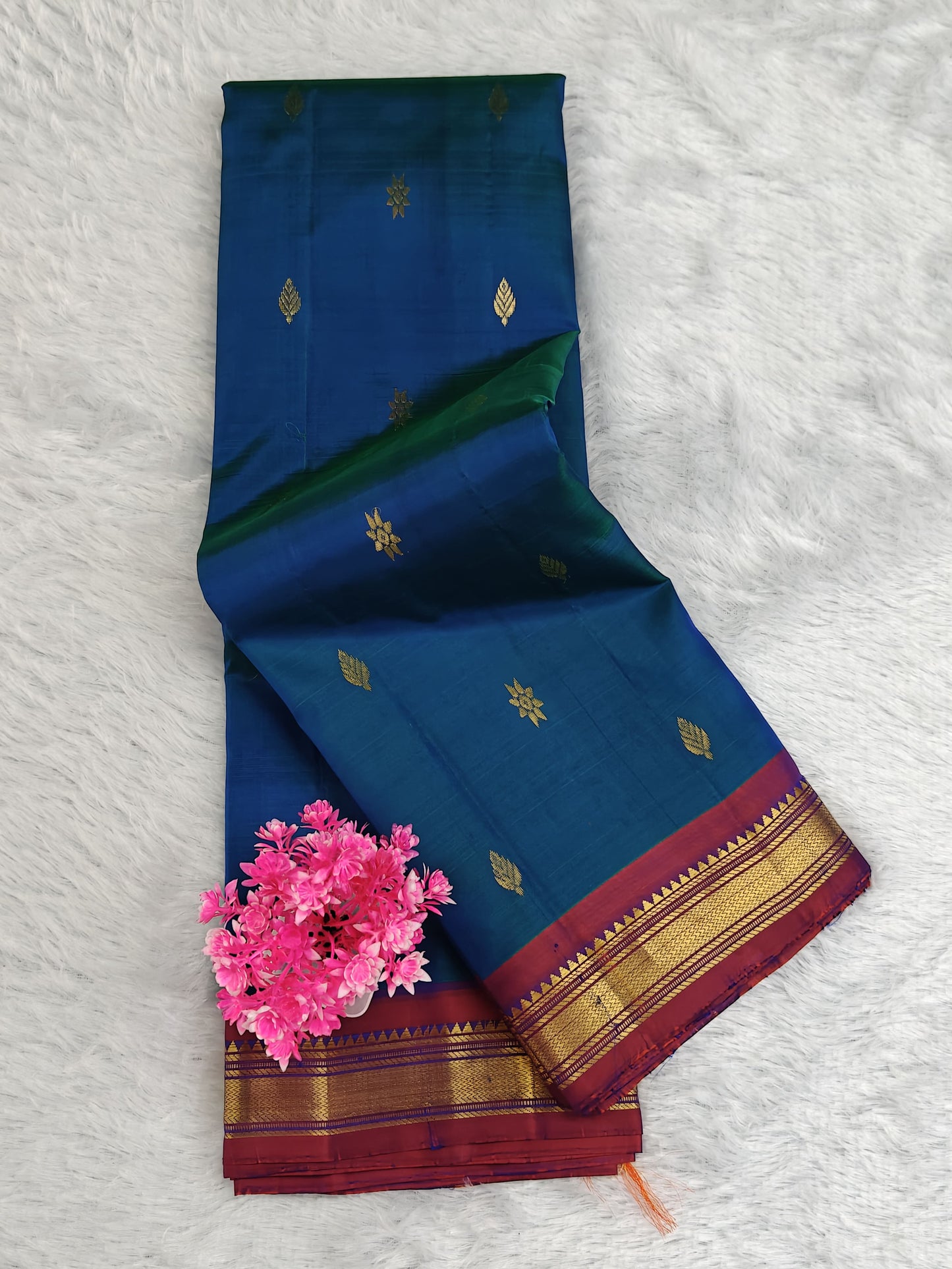 Peacock Blue Pure Silk Saree with Maroon Border