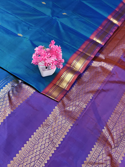 Peacock Blue Pure Silk Saree with Maroon Border