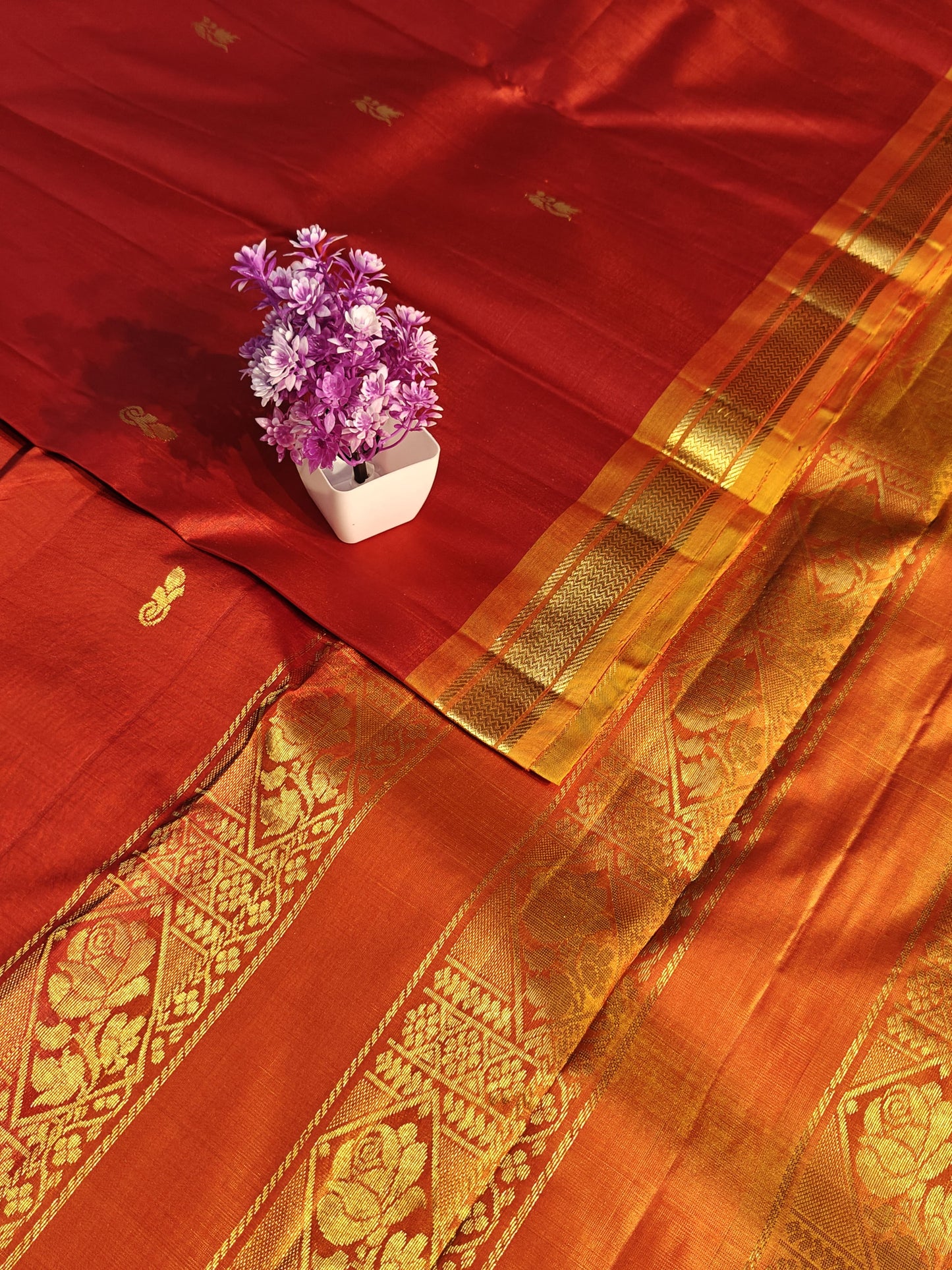 Orange Pure Silk Saree with Mustard Border