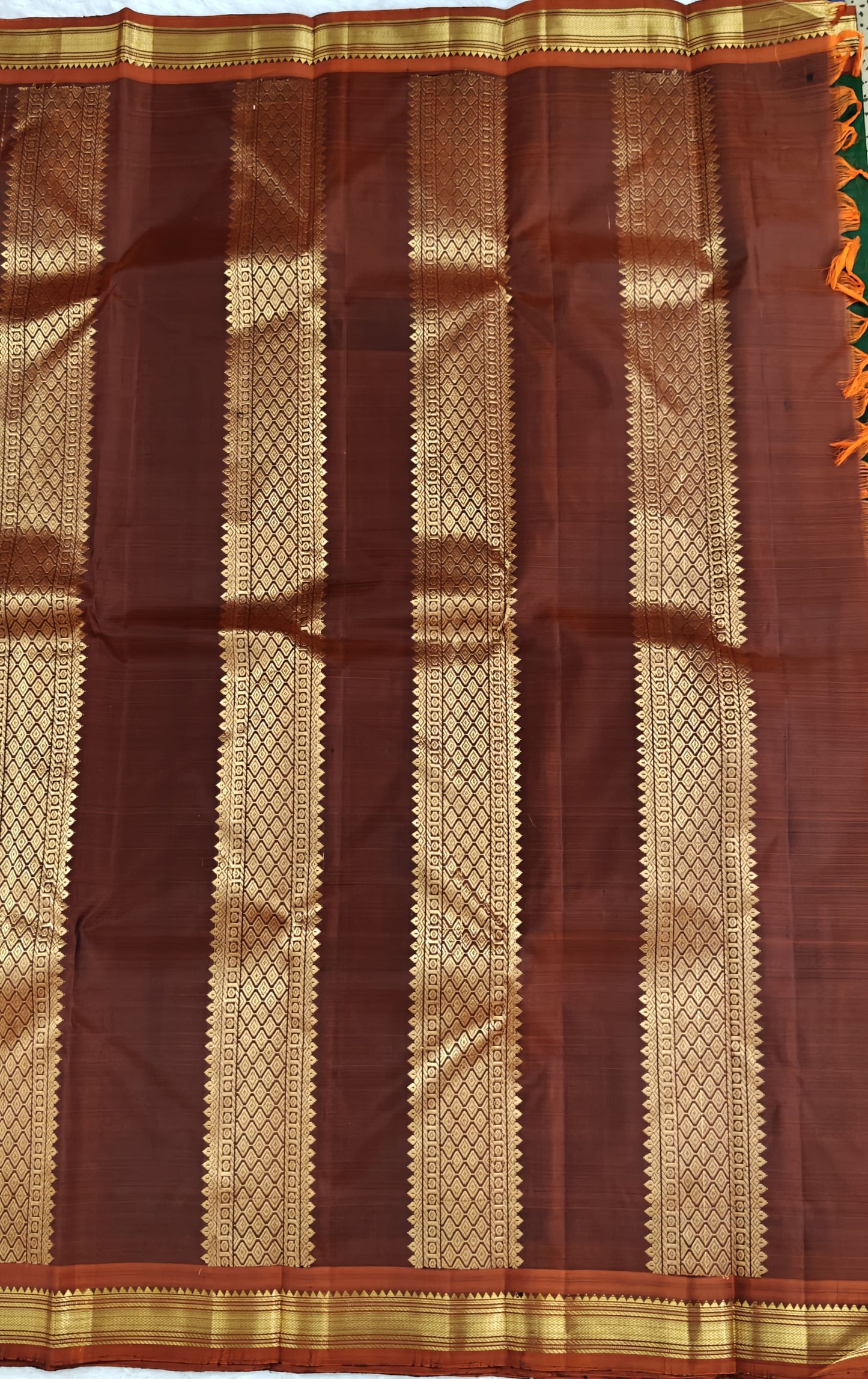 Dark Green Pure Silk Saree with Brown Border