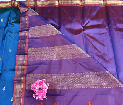 Peacock Blue Pure Silk Saree with Maroon Border