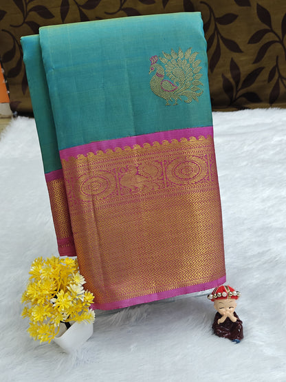 Sea Green Color Vintage Korvai Saree with Pink Border