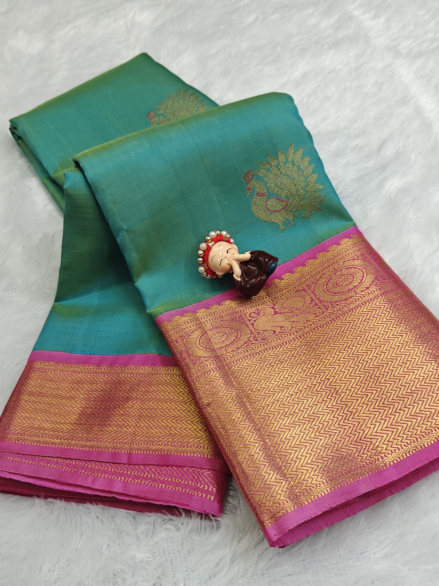 Sea Green Color Vintage Korvai Saree with Pink Border