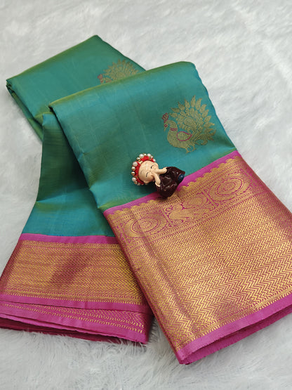 Sea Green Color Vintage Korvai Saree with Pink Border