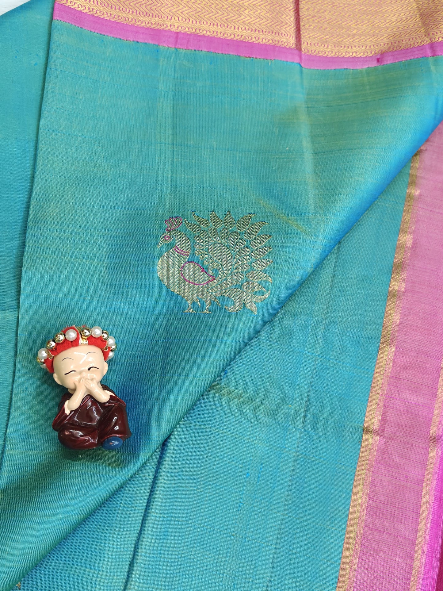 Sea Green Color Vintage Korvai Saree with Pink Border