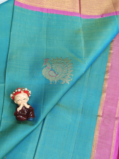 Sea Green Color Vintage Korvai Saree with Pink Border
