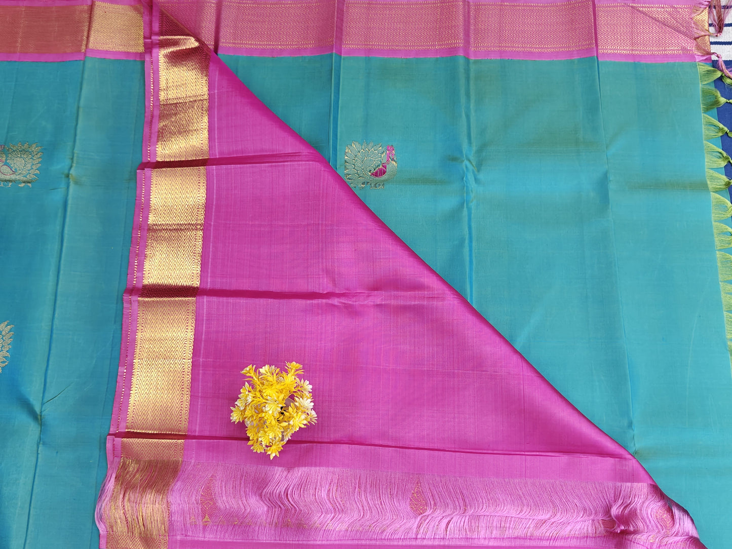 Sea Green Color Vintage Korvai Saree with Pink Border