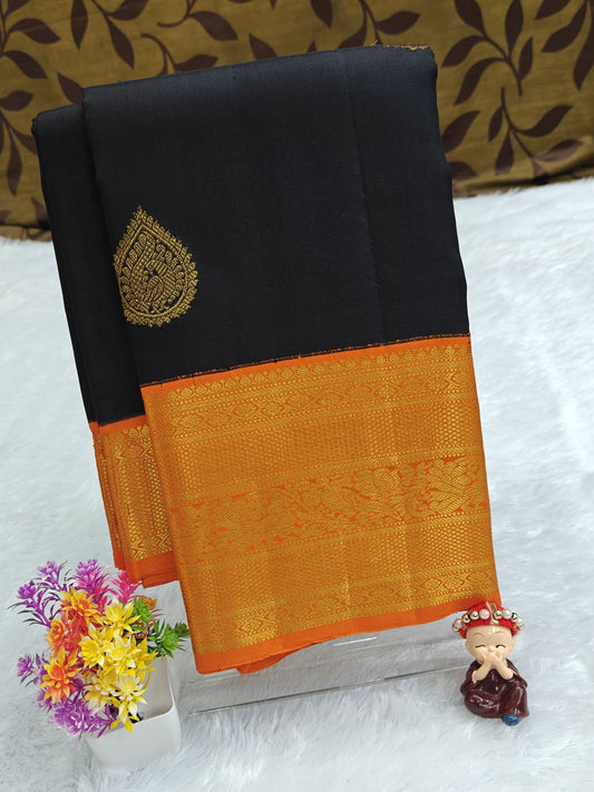Black Vintage Korvai Saree with Orange Border