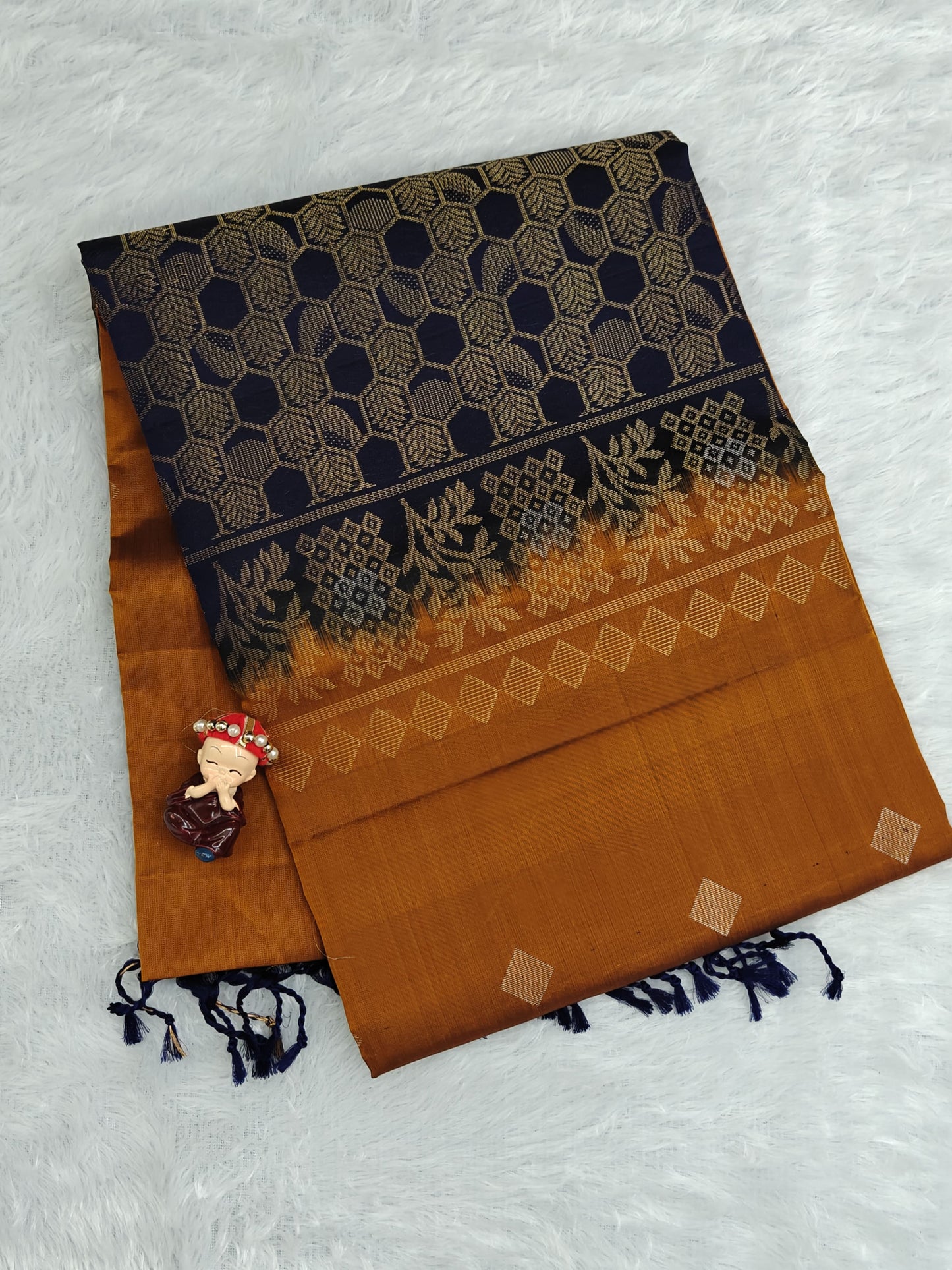 Mustard & Royal Blue Pure Soft Silk Saree