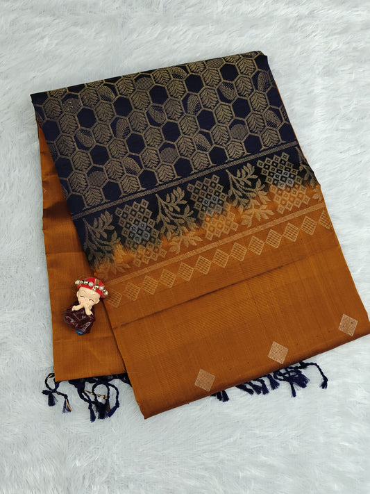 Mustard & Royal Blue Pure Soft Silk Saree