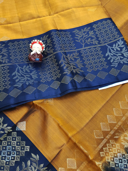 Mustard & Royal Blue Pure Soft Silk Saree