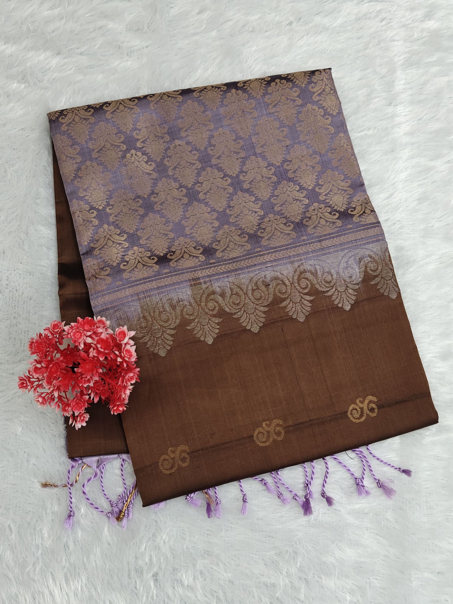Brown & Lavender Pure Soft Silk Saree