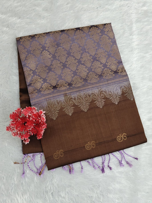Brown & Lavender Pure Soft Silk Saree